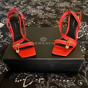 Versace Red Heeled Sandals with Gold Accents